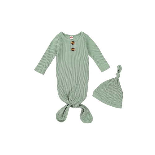 Newborn Baby Knit Sleeper Gown Cotton Knotted Nightgown Soft Sleepwear Pajamas with Hat Set