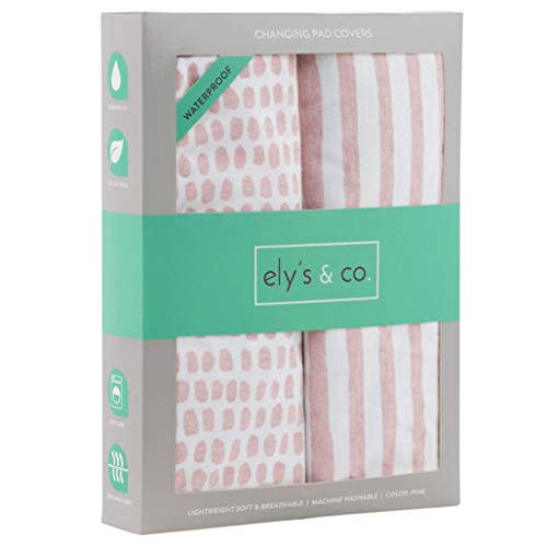 Ely's & Co. Patent Pending Waterproof Changing Pad Cover Set | Cradle Sheet Set by Ely's & Co no Need for Changing Pad Liner Mauve Pink Splash & Stripe 2 Pack for Baby Girl