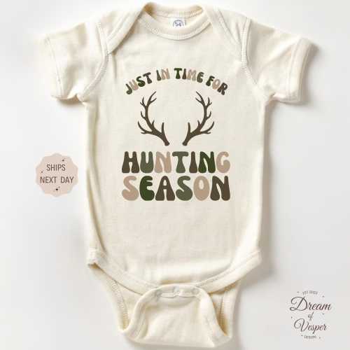Just In Time For Hunting Season Baby Onesie® - Camo Hunting Baby Onesie® - Baby Hunting Body Suit - Retro Hunting Baby Onesie® - Best Gift