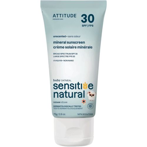 ATTITUDE Mineral Sunscreen for Baby and Kids with Sensitive Skin, EWG Verified, Broad Spectrum UVA/UVB, Dermatologically Tested, Plant and Mineral-Based Formula, Vegan, SPF 30, Unscented, 2.6 Oz