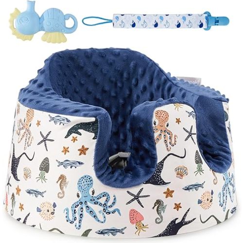 Seat Cover Compatible with Bumbo Floor Seat Only, w/Pacifier Clips & Safe Teething Bells Toys,Breathable Baby Bumbo Seat Cover,Soft Bumbo Floor Seat Cover for Baby Girl Boy, Excluding Pacifier(Blue)
