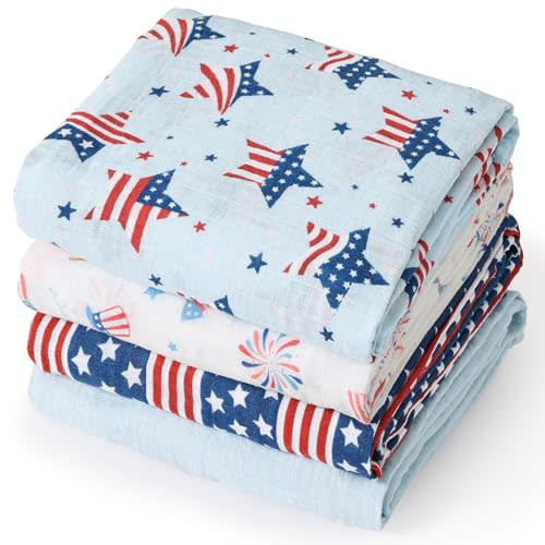 david's kids 4 Pack Baby Muslin Swaddle Blankets, 100% Cotton and Ultra Soft Breathable Receiving Blanket Wrap for Boys Girls, Large 47 x 47 inches, New Born Essentials, Flag