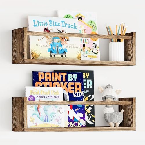 Fixwal Nursery Book Shelves, 2pcs 16.5 Inch Floating Bookshelves for Nursery Decor, Solid Wood Wall Mounted Shelves for Books, Toys and Decor Storage (Brown) - 16.5 inch(2pack)