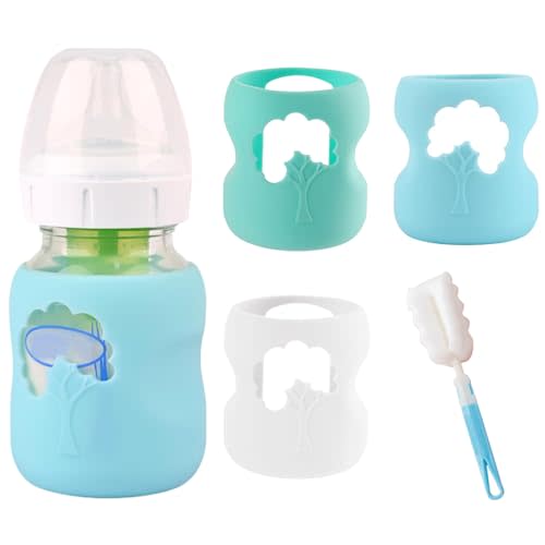 3 Pcs Silicone Baby Bottle Sleeves Compatible with Dr. Brown's Natural Glass Baby Bottles, Anti Breakage Baby Bottle Holder Cover with Bottle Brush for Dr. Brown Wide-Neck Glass Baby Bottles 5 oz