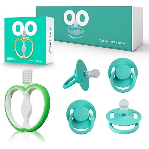 Training Baby Toothbrush & 4 Symmetrical Pacifiers by LoveNoobs, Silicone Baby Teething Toys for 4-12 Months Baby Teething Relief, Pacifiers 0-6 Months