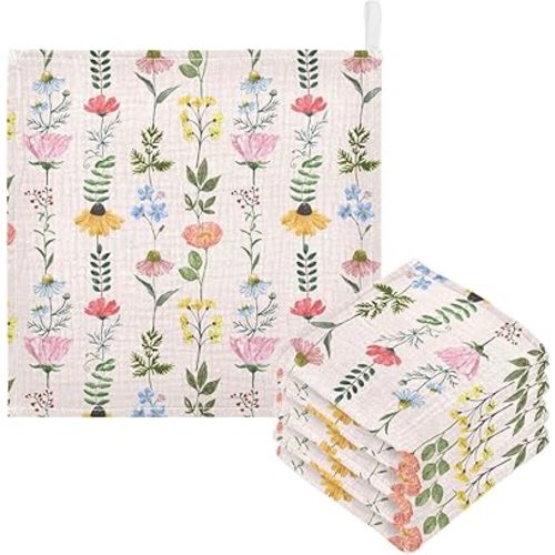 Wildflowers Muslin Baby Hand Washcloths, Soft Cotton Bath Face Towel, 4 Layers Extra Absorbent Feeding Burp Cloth for Newborn Infant, 5 Pack