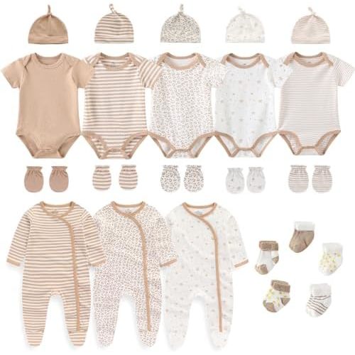 Ruliby New Born Clothes Cotton Baby Bodysuit Soft Romper and Accessories Layette Set 0-6 Months, 23-pack