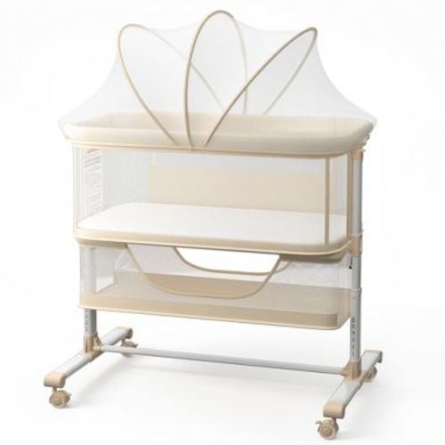 Kinder King Portable Baby Bassinet with Wheels, All-Mesh Bedside Sleeper, Newborn Crib with Removable Mattress, Beige