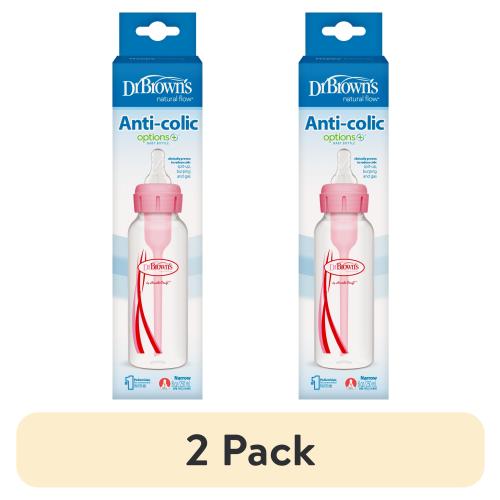 (2 pack) Dr. Brown’s Natural Flow Anti-Colic Options+ Narrow Baby Bottle, Pink, 8oz, Slow Flow, 0m+, 1 Pack
