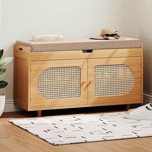 Rattan Shoe Storage Bench, Entryway Bench with Storage, Shoe Cabinet Organizer, Bamboo Material, Brown Color