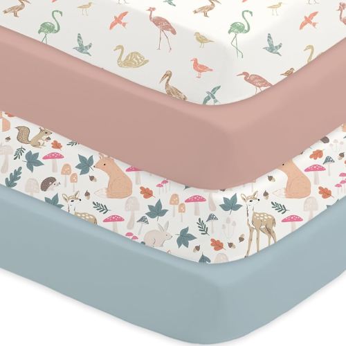 Bimocosy Crib Sheets for Boys Girls, Fitted Crib Sheet 4 Pack for Standard Crib and Toddler Mattresses, Super Soft Breathable Microfiber Baby Sheet 28x52x8in, Wetland Birds/Squirrel/Mauve/Fog Blue