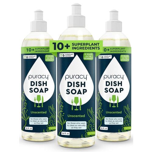 Puracy Natural Dish Soap - Unscented Skin-Softening Plant-Based Dishwashing Soap, Non-Toxic Dish Soap, Fragance Free Organic Liquid Dishwashing Detergent Soap (Unscented, 16 fl oz, 3 Pack)
