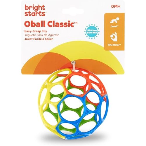 Bright Starts Oball Easy Grasp Classic Ball BPA-Free Infant Toy in Red, Yellow, Green, Blue, Age Newborn and up, 4 Inches
