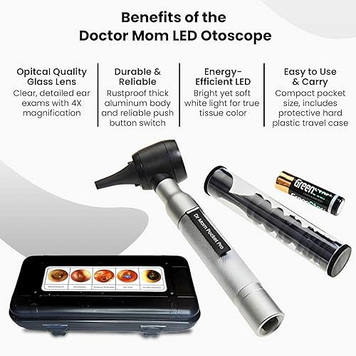 4th Generation Doctor Mom LED Pocket Pro Otoscope with Both Adult and Pediatric Disposable Specula Tips, Battery, and Protective Hard Plastic Case