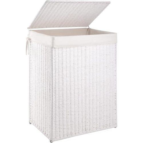 OIAHOMY Laundry Hamper with Lid, 23.8 Gal (90L) Wicker Hamper with Removable Liner Bags, Handwoven Clothes Basket with Handles, Foldable Woven Paper Rope Basket for Laundry Room, Bedroom-White