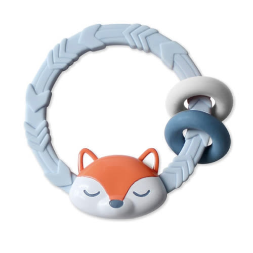 Itzy Ritzy Silicone Teether with Rattle; Rattle Teether Features Rattling Sound, Two Silicone Teething Rings and Raised Texture to Soothe Gums; Ages 3 Months and Up (Fox)