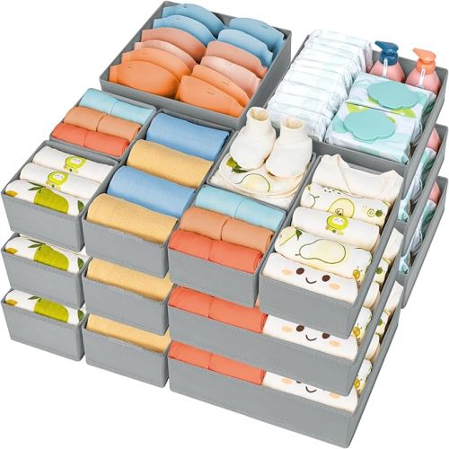 DIMJ Drawer Organizer Clothes 15 Pack - Foldable Baby Organizers and Storage & Closet Organizers for Bedroom, Closet - Nursery Organization Dresser Dividers for underwear, Sock,Bra, Belt, Tie, Beige