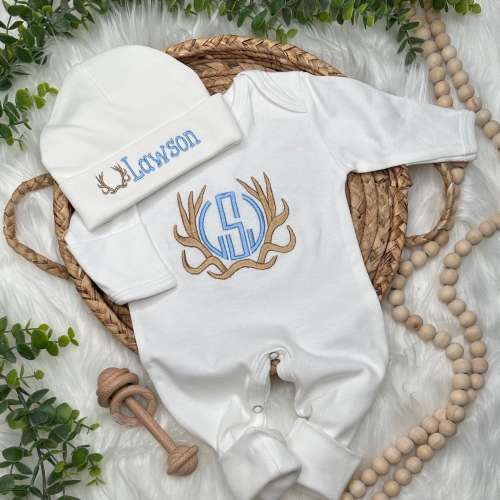 Baby Boy Coming Home Outfit Baby Camo Deer Antler Monogram Take Home Outfit Newborn Outfit Personalized Baby Outfit Baby Shower Beanie