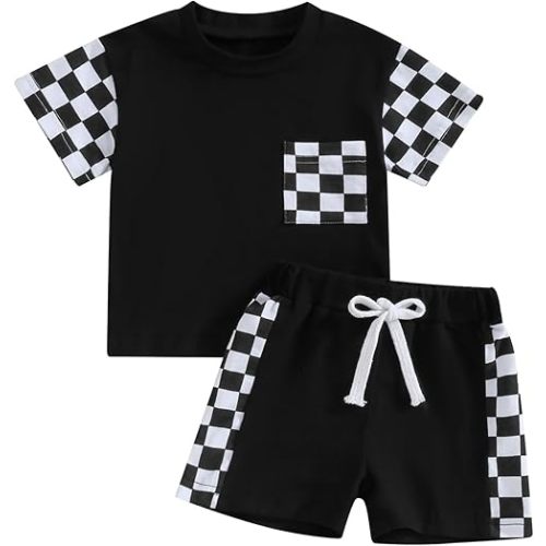 Sejardin Toddler Baby Boy Summer Clothes Plaid Patchwork Short Sleeve T Shirt Tops and Stretch Shorts Infant Boy Outfit