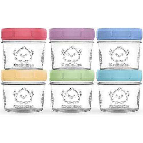 KeaBabies 6pk 120 ml Glass Baby Food Containers with Lids - Leak-Proof, Microwavable Small Glass Jars, Baby Purees & Toddler Snack Storage Containers, BPA-Free, Dishwasher & Freezer Safe (Nord)