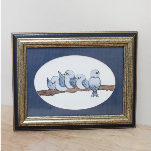 Baby Blue Bird Print by Carol Morrison 1982/ Sweet Small Framed Art in Gold Wood Frame/ Pretty Cottage Style Tiny Art