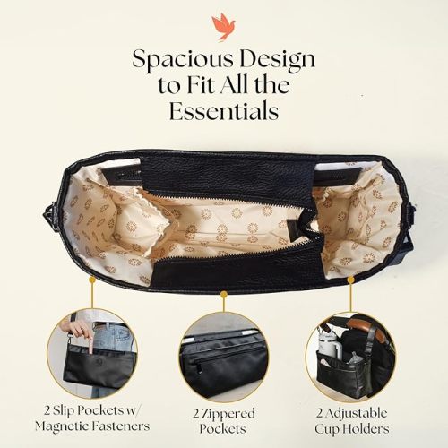 Universal Stroller Organizer with Cup Holder - Vegan Leather Stroller Caddy, 4 Built-In Pockets, Shoulder Strap, Fits Mockingbird, UppaBaby, Nuna, BOB and More