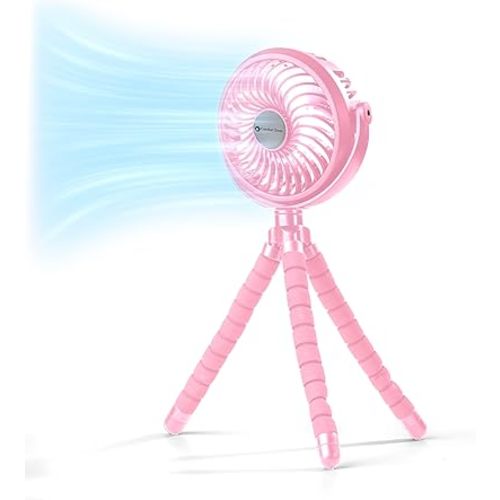 Comfort Zone Portable Stroller Fan, 3 Speed Rechargeable Battery Clip on Fan, 360 Degree Flexible Tripod Cooling Fan, Secure Hold, Ideal for Strollers, Car Seats, Cribs, or Treadmills, Pink