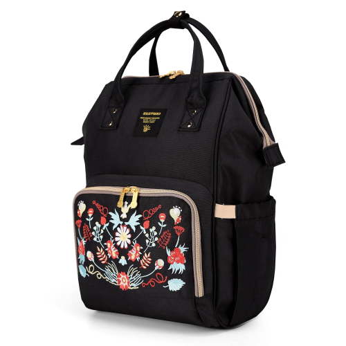 Sunveno Embroidered Backpack Diaper Bag Travel Backpack, Black Flower