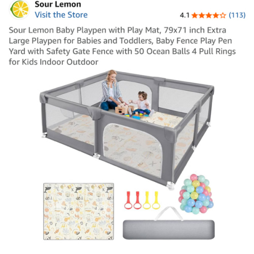 Sour Lemon Baby Playpen with Play Mat, 79x71 inch Extra Large Playpen for Babies and Toddlers, Baby Fence Play Pen Yard with Safety Gate Fence with 50 Ocean Balls 4 Pull Rings for Kids Indoor Outdoor