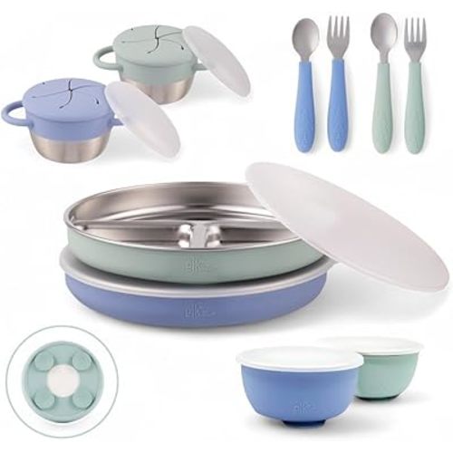 Elk and Friends Kids Stainless Steel Mealtime Bundle | Plates, Bowls, Snack Cups + Toddler Utensils | Silicone Suction Sleeves + Travel Storage Lids | For Meals + Snacks | Dishwasher Safe