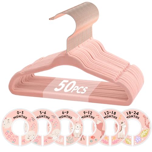 VIS'V Baby Hangers, 11 Inch Velvet Kids Hangers with 6 Pcs Clothes Size Dividers, Infant Toddler Nursery Closet Organization, Non Slip, Pink, 50 Pcs
