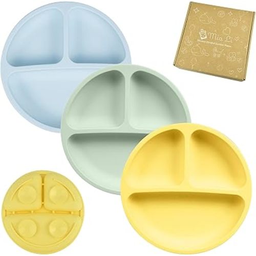 Mia Li Suction Plates for Baby – Set of 3 Toddler Plates with Suction – Cute and Colorful Silicone Plates for Weaning – Ideal for Baby Feeding, Food Storage (Honey, Sage & Cloud)