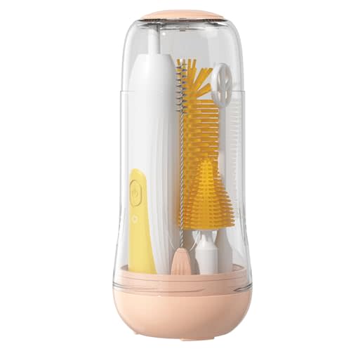Travel Electric Baby Bottle Brush Set with Electric Bottle Cleaner and Water Bottle Brush and Nipple/Straw Brush,Milk Frother and Drying Rack(Yellow)