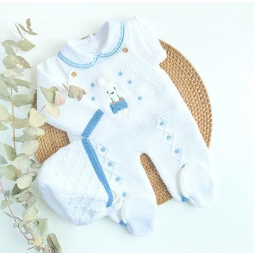 Conjunto de punto para recién nacido, peto primera puesta bebe, conjunto de punto azul marino para recién nacido, primer atuendo de conejito, ropa de punto para bebé, conjunto para volver a casa