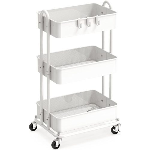 SimpleHouseware Heavy Duty 3-Tier Metal Utility Rolling Cart, White - Black