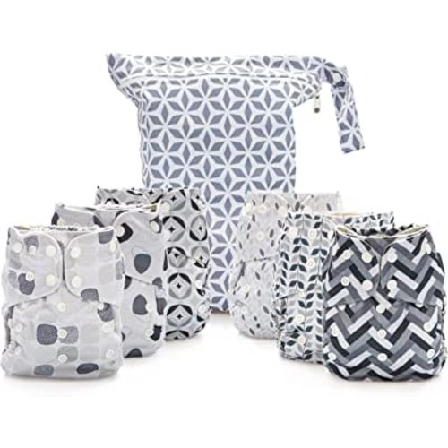 Simple Being Reusable Cloth Diapers, Double Gusset, One Size Adjustable, Washable Soft Absorbent, Waterproof Cover, Eco-Friendly Unisex Baby Girl Boy, six 4-Layers Microfiber Inserts (Greys)