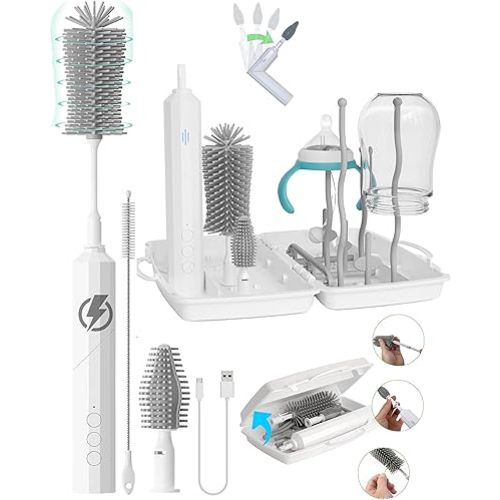 Northway Electric Bottle Brush Cleaner, 7-in-1 Toddler Travel Essential Rechargeable Brush & Drying Rack, 90 Folding Silicone Baby Straw Cleaner with Drying Rack (7, White & Grey)