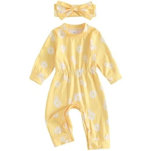 Winioder Newborn Baby Girl Fall Clothes Ribbed Long Sleeve Romper Jumpsuit with Headband Infant 2Pcs Coming Home Outfit