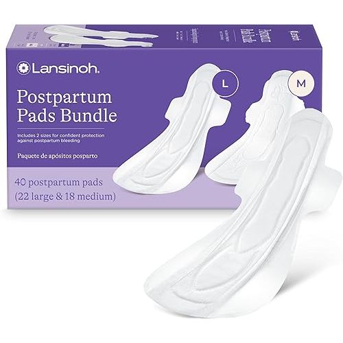 Lansinoh Postpartum Maxi Pads Bundle, 40 Count, Heavy Absorbency Overnight Pads with Wings, Includes 2 Sizes for Extra Protection, Postpartum Essentials