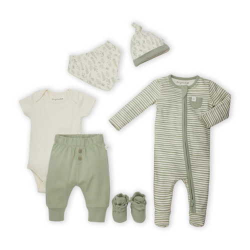 Tiny Kind Layette Essentials Organic Cotton 6-Piece Gift Set - Sage Multi Leaf, 0-3 M
