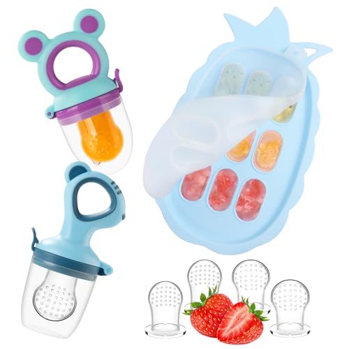 Baby Fruit Feeder & Baby Breastmilk Popsicle Molds, Baby Food Freezer Tray Storage Containers, Silicone Pacifier Feeder and Teether, Includes 6 Extra Food Pacifier