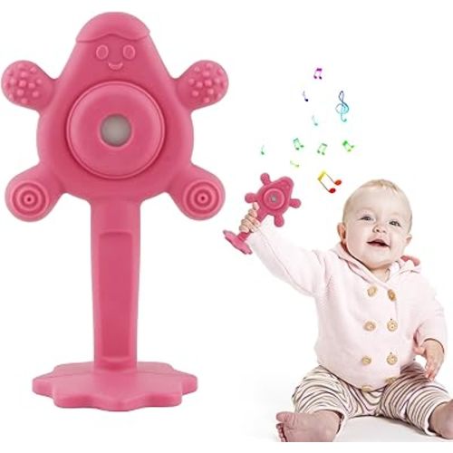 Chuya Baby Rattle Teething Toy Dark Pink Infant Chew Teethers Rattles for Babies 0-24 Months Newborn Grasp Toy