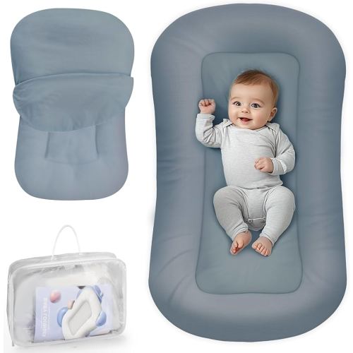 Baby Lounger - Baby Lounger for Newborn, 0-24 Months, Infant Lounger for Home and Travel, Soft Cotton, Baby Nest Lounger, Newborn Babies Essentials Gifts, GrayishBlue(Lounger Cover Included)