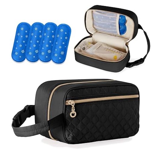 Damero Breastmilk Cooler Bag with 4 Ice Packs -Breastmilk Cooler Travel Bag Organizer with Detachable Buckle Handle for Daycare and Breastfeeding Mom,Black - L9" X W4.5" X H5"