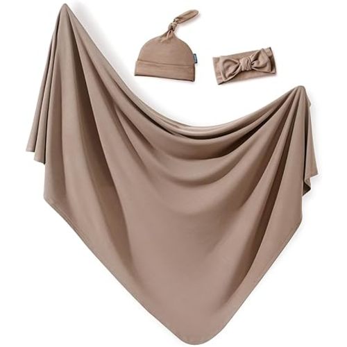 GRSSDER Newborn Swaddle Blanket, Ultra Soft Jersey Receiving Blanket with Matching Headband and Beanie Set 33×44", Stretchy Baby Neutral Swaddle Wrap for Girls and Boys