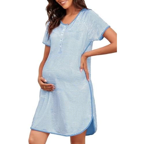 Stripe Maternity Nursing Nightgowns Women Buttons Pregnancy Short Sleeve Nightdress Soft Side Split Loungewear Pjs