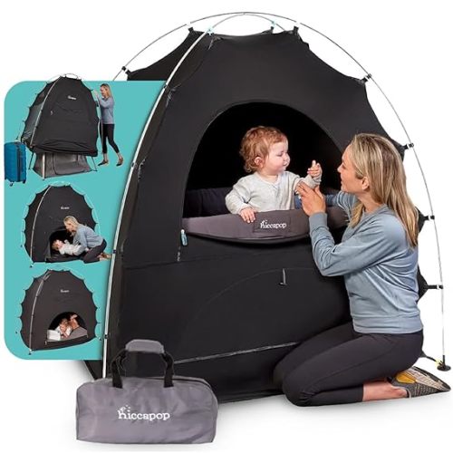 hiccapop Blackout Tent for Pack and Play, Patented Portable Crib Tent, Blackout Canopy Crib Cover, Sleep Pod for Kids, Black