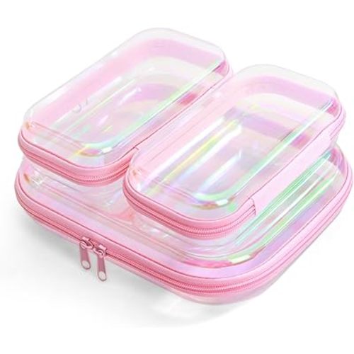 Clear Hard Shell Zipper Case, Surface scratch resistant material, Portable Cosmetic Bag with Zipper, Diaper Bag Organizing Pouches, Hard Plastic Case, Clear Bags for Organizing, Laser Pink （3 Pcs）