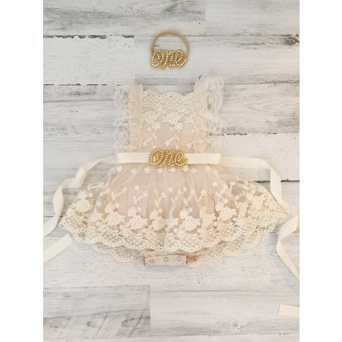 Boho 1st Birthday romper-cream Boho Lace Romper sash and Headband-Baby girls lace romper-Cake Smash outfit-Baby Girl Clothes-country baby