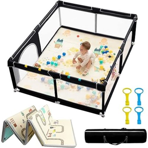 dearlomum Baby Playpen with Mat 71" X 59", Extra Large Play Yard for Babies and Toddlers, Safety Baby Fence, Indoor & Outdoor Kids Activity Play Center with Anti-Slip Suckers and Zipper Gate(Black)
